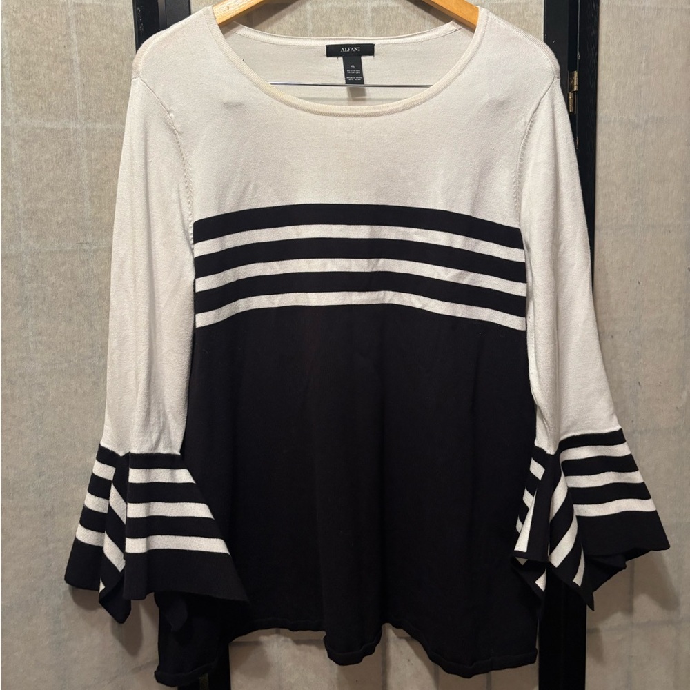 ALFANI Monochrome Striped Long Sleeve Sweater Top w/ Asymmetrical Bell Cuffs